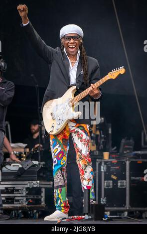 Nile Rodgers und Chic treten am ersten Tag des TRNSMT Festivals im Glasgow Green in Glasgow auf der Hauptbühne auf. Bilddatum: Freitag, 8. Juli 2022. Stockfoto