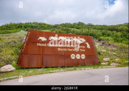 Fort Macleod, Alberta - 2. Juli 2022: Einfahrtsschilder für das vom Kopf zertrümmerte Buffalo Jump-Weltkulturerbe. Stockfoto