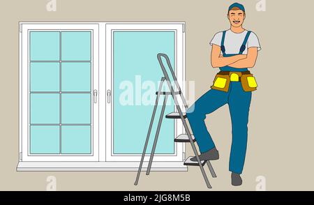 Set der Installation von Fenster flach Icons.Installation von Fenstern flach Stil Illustration. Messen von Fenstern und Demontage alter Fenster, Fenster Stock Vektor