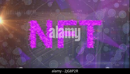 nft-Bild über Symbolen, Lichtern und Linien auf violettem Hintergrund Stockfoto