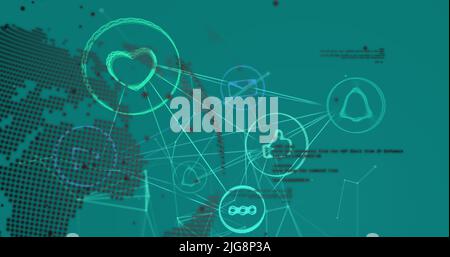 Bild von Verbindungen mit Symbolen, Globus und Datenverarbeitung auf grünem Hintergrund Stockfoto
