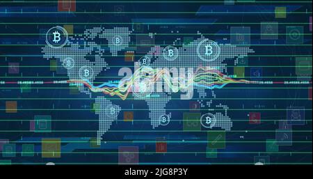 Bild der Datenverarbeitung und Bitcoins auf blauem Hintergrund Stockfoto