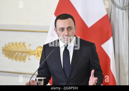 Wien, Österreich. 8.. Juli 2022. Presseerklärung des georgischen Premierministers Irakli Garibashvili im Bundeskanzleramt in Wien Stockfoto