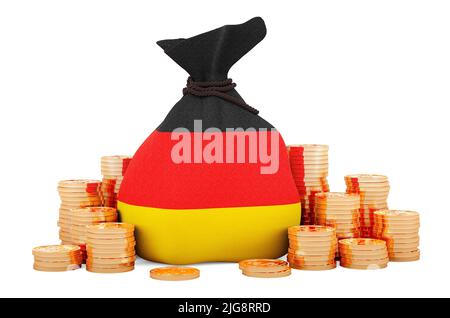 Geldbeutel mit deutscher Flagge und goldenen Münzen um, 3D Rendering isoliert auf weißem Hintergrund Stockfoto