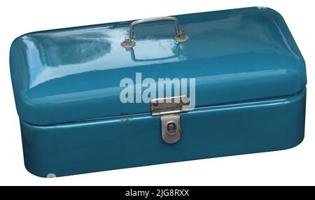 Alte Vintage blaue rechteckige Metallbox Stockfoto