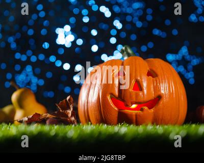 Süßer orangefarbener Kürbis, Früchte und Zapfen auf grünem Gras vor einem blauen Sternenhimmel. Halloween-Komposition. Auf dem Foto befinden sich keine Personen. Banner, poste Stockfoto