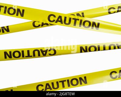 Ein Satz gelber Plastikbänder mit der Aufschrift - Vorsicht auf weißem Hintergrund. Minimalismus. Abstraktion. Warnung, Einschränkung, Rahmen. Es gibt n Stockfoto
