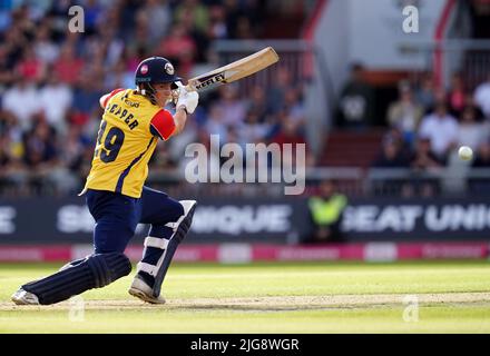 Essex's Michael Pepper im Viertelfinale von Vitality Blast T20 in Emirates Old Trafford, Manchester, mit einem Batting. Bilddatum: Freitag, 8. Juli 2022. Stockfoto