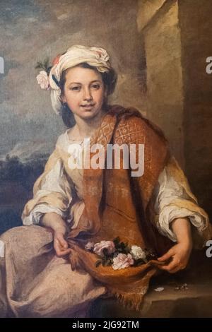 Gemälde mit dem Titel „das Blumenmädchen“ von Bartolome Esteban Murillo aus dem Jahr 1665 Stockfoto