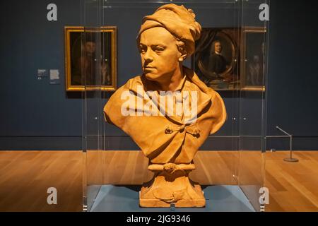 Terracotta Büste des englischen Künstlers William Hogarth von der französischen Skulptur Louis Francois Roubiliac aus dem Jahr 1741 Stockfoto