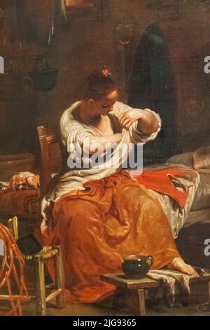 Gemälde mit dem Titel „Eine Frau auf der Suche nach Flöhen“ des italienischen Künstlers Giuseppe Maria Crespi aus dem Jahr 1715 Stockfoto