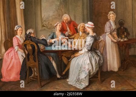 Gemälde mit dem Titel „A Game of Quadrille“ des französischen Künstlers Hubert Francois Gravelot datiert 1740 Stockfoto