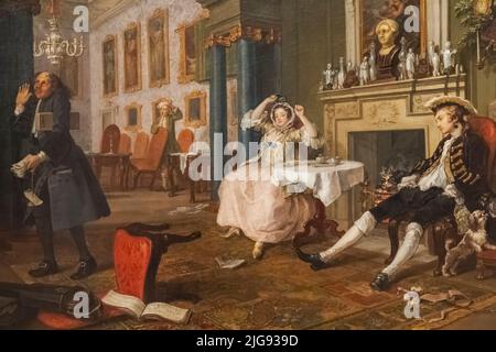 Gemälde aus der Serie Marriage A-la-Mode mit dem Titel 'The Tete a Tete' von William Hogarth aus dem Jahr 1743 Stockfoto