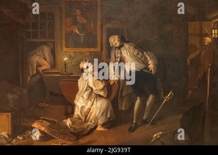 Gemälde aus der Serie Marriage A-la-Mode mit dem Titel „The Bagnio“ von William Hogarth aus dem Jahr 1743 Stockfoto