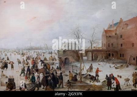 Gemälde mit dem Titel „Eine Szene auf dem Eis in der Nähe einer Stadt“ des niederländischen Künstlers Hendrick Avercamp datiert 1615 Stockfoto