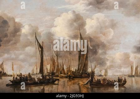 Gemälde mit dem Titel „A Shipping Scene with a Duutch Yacht Firing a Salute“ des niederländischen Künstlers Jan van de Cappelle vom 1650 Stockfoto