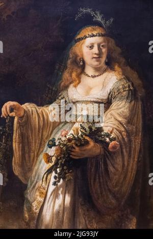 Gemälde mit dem Titel „Saskia van Uylenburgh in Arcadian Costume“ des niederländischen Künstlers Rembrandt aus dem Jahr 1635 Stockfoto