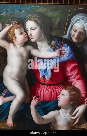 Gemälde mit dem Titel „die Madonna mit Kind und dem heiligen Johannes dem Täufer und der heiligen Elisabeth“ des italienischen Künstlers Bronzino aus dem Jahr 1540 Stockfoto