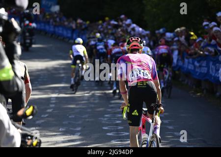 US Neilson Powless von EF Education-EasyPost in Aktion während der siebten Etappe des Radrennens der Tour de France, einem 176 km langen Rennen von Tomblaine nach La Super Planche des Belles Filles, Frankreich, am Freitag, 08. Juli 2022. Die diesjährige Tour de France findet vom 01. Bis 24. Juli 2022 statt. BELGA FOTO POOL STEPHANE MANTEY - UK OUT Stockfoto