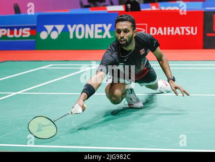 Kuala Lumpur, Malaysia. 08.. Juli 2022. Prannoy H. S. aus Indien tritt beim Viertelfinale der Männer beim Perodua Malaysia Masters 2022 in der Axiata Arena, Bukit Jalil, gegen Kanta Tsuneyama aus Japan an. Prannoy H. S. gewann mit Punktzahlen; 25/22: 23/20 Credit: SOPA Images Limited/Alamy Live News Stockfoto