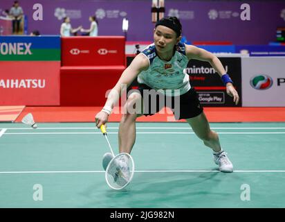Kuala Lumpur, Malaysia. 08.. Juli 2022. Tai Tzu Ying aus Taiwan tritt beim Viertelfinalspiel der Perodua Malaysia Masters 2022 in der Axiata Arena, Bukit Jalil, gegen Pusarla V. Sindhu aus Indien an. Tai Tzu Ying gewann mit Punktzahlen; 21/12/21 : 13/21/12 Credit: SOPA Images Limited/Alamy Live News Stockfoto
