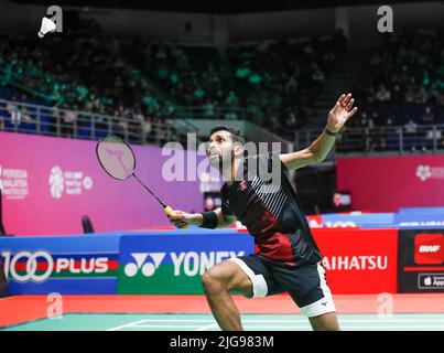 Kuala Lumpur, Malaysia. 08.. Juli 2022. Prannoy H. S. aus Indien tritt beim Viertelfinale der Männer beim Perodua Malaysia Masters 2022 in der Axiata Arena, Bukit Jalil, gegen Kanta Tsuneyama aus Japan an. Prannoy H. S. gewann mit Punktzahlen; 25/22: 23/20 Credit: SOPA Images Limited/Alamy Live News Stockfoto