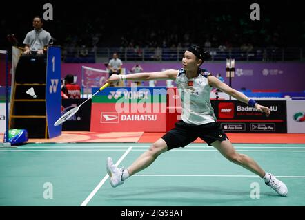 Kuala Lumpur, Malaysia. 08.. Juli 2022. Tai Tzu Ying aus Taiwan tritt beim Viertelfinalspiel der Perodua Malaysia Masters 2022 in der Axiata Arena, Bukit Jalil, gegen Pusarla V. Sindhu aus Indien an. Tai Tzu Ying gewann mit Punktzahlen; 21/12/21 : 13/21/12 (Foto von Wong Fok Loy/SOPA Images/Sipa USA) Credit: SIPA USA/Alamy Live News Stockfoto