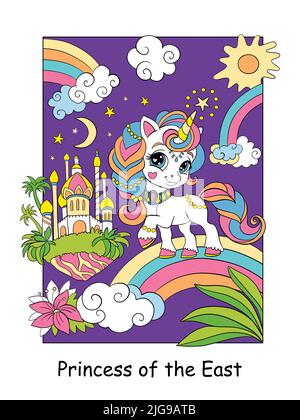 Niedliche Einhorn Prinzessin des Ostens. Vektor bunte Cartoon-Illustration isoliert auf weißem Hintergrund. Für Malbuch, Bildung, Druck, Spiel, Dekor Stock Vektor