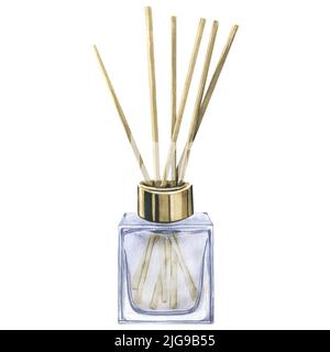 Aromadiffusor in einer quadratischen Glasflasche. Abbildung der Quarelle. Ein isoliertes Objekt aus einem großen LAVENDELBAD. Für die Gestaltung und Dekoration von Stockfoto