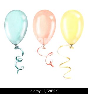 Luftballons mit flatternden Bändern, drei verschiedenen Farben. Aquarelldarstellung. Isolierte Objekte aus einem großen Satz VON Alles Gute zum Geburtstag. Für das Design Stockfoto
