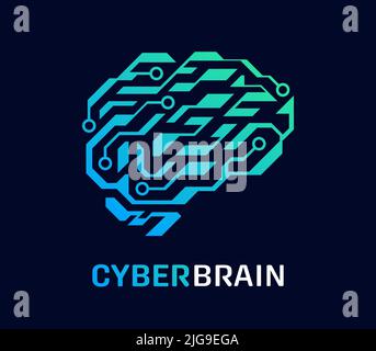 Cyberbrain-Vektor-Logo. Künstliches menschliches Gehirn. KI-Konzept (künstliche Intelligenz). Isoliert auf dunklem Hintergrund Stock Vektor