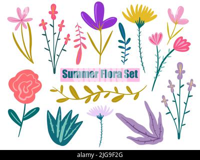 Vektor Hand bemalt Sommer Wild Blumen Set. Skizzieren Flora und Kräuter Natur botanische Elemente. Stock Vektor