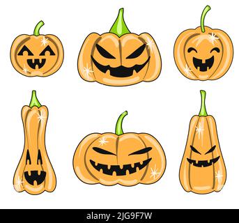 Vektor-Set von niedlichen halloween Kürbisse mit gruseligen Gesichtern. Oktober Aufkleber im Cartoon-Stil. Stock Vektor