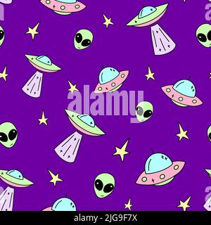 Vektor UFO Kindermuster Vektor. Galaxy Illustration im Cartoon-Stil. Nahtlose Weltraum ufo-Rakete Wissenschaft Kinder Hintergrund Muster Stock Vektor