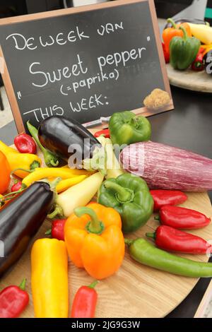 Tafel mit weißer Kreide auf Niederländisch mit Gemüse geschrieben Stockfoto