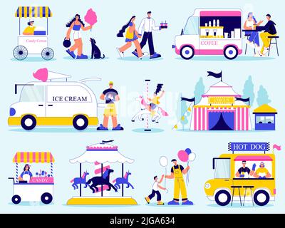Funfair Vergnügungspark Farbset mit isolierten Doodle Zeichen mit Attraktionen und Lieferwagen Verkauf Junk-Food-Vektor-Illustration Stock Vektor