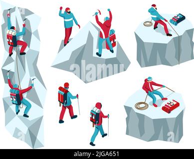 Isometrisches Bergsteigen Satz von isolierten Ikonen und Zeichen von Bergsteigern auf Eis Klippen Berge mit Werkzeugen Vektor-Illustrationen Stock Vektor