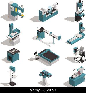 Metallbearbeitungsgeräte isometrischen Satz mit Metall Drehmaschine Schneiden Bohren Biegestab Walzmaschinen isoliert Vektor-Illustration Stock Vektor