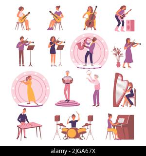 Lernmusik Set mit isolierten Symbolen und flachen Bildern von Instrumenten mit spielenden Menschen und Podien Vektor-Illustration Stock Vektor