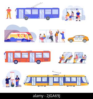 Öffentlicher Verkehr Bus Trolleybus U-Bahn Züge innen Passagiere warten Straßenbahn Taxi flache Symbole Set Vektor-Illustration Stock Vektor