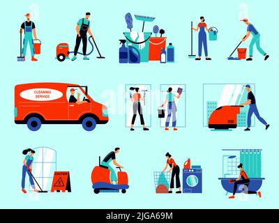 Farbsymbole für Reinigungsservice, die mit isolierten Vektorbildern für Mitarbeiter festgelegt werden, die Abfall entfernen und Räume reinigen Stock Vektor