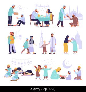 Ramadan Set mit flachen Ikonen muslimische Symbole und isolierte Bilder von betenden Menschen mit Tempel Silhouetten Vektor-Illustration Stock Vektor