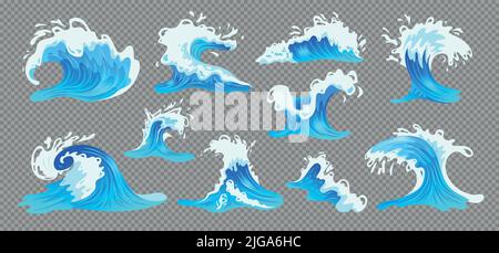 Blue Ocean Wasserwellen mit Schaum in verschiedenen Größen und Formen auf transparentem Hintergrund isoliert Vektor-Illustration Stock Vektor