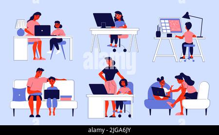 Satz von isolierten Abstand lernen Kinder Schüler Kompositionen mit Doodle-Zeichen von Kindern Eltern und Computer-Vektor-Illustration Stock Vektor