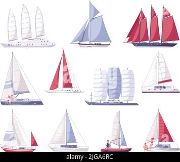 Satz von Yachting Cartoon-Icons mit isolierten Bildern von Yachten verschiedener Größe auf leeren Hintergrund Vektor-Illustration Stock Vektor