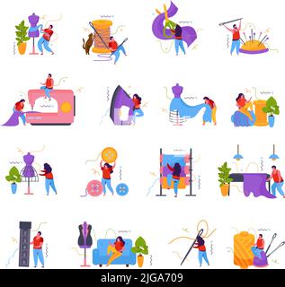 Schneidersatz von flachen Symbolen mit isolierten Bildern von Nadeln Nähen Zubehör Nähmaschinen und Menschen Vektor Illustration Stock Vektor