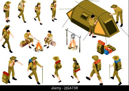 Wandern isometrische Set von Camping-Objekte und Menschen in Scout Uniform mit Trekking-Ausrüstung isoliert Vektor-Illustration Stock Vektor