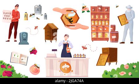 Bienenzucht Farbsymbole mit grünen Wiesen gesetzt Bienen sammeln Nektar-Töpfe mit Honig isoliert Vektor-Illustration Stock Vektor