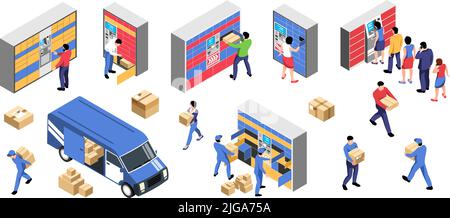 Zustelltransport mit Postarbeitern Entladen von Paketen zu Postterminals mit Personen, die für ihre Einkäufe kommen Isometric set isoliert Vektor-Illust Stock Vektor