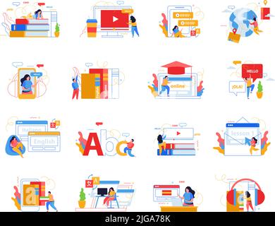 Sprachschule 4x4 flache Symbole Satz von Menschen, die Fremdsprache von mobilen und pc-App isoliert Vektor-Illustration lernen Stock Vektor
